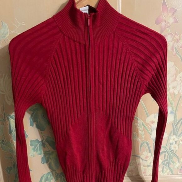 CAbi Red Silk Blend Cardigan Zippered Sweater Size L Fits S-M - Picture 1 of 5